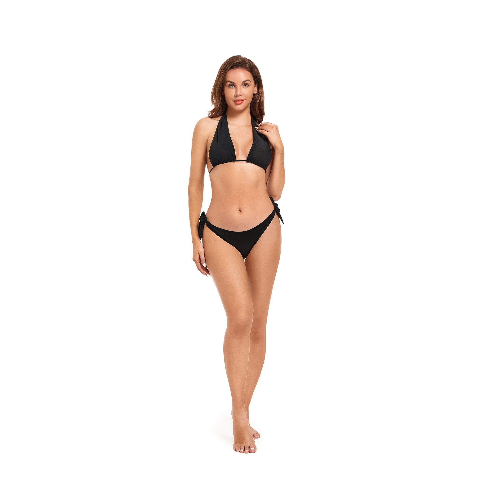 Minimise Tan Lines Bikini Set - Sun Permeable Tan Through Swimsuit - Halter Triangle Tie Side Two Piece Bathing Suit, Onyx Black
