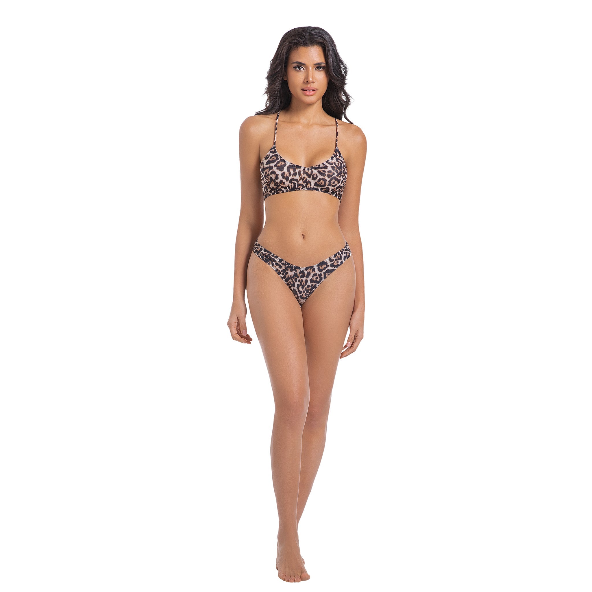 Minimise Tan Lines Women's V-Neck Bikini Set - Leo Leopard Print Tan Through UV Permeable Woman Swimsuit - Crisscross Back Female 2-Piece Bathing Suit
