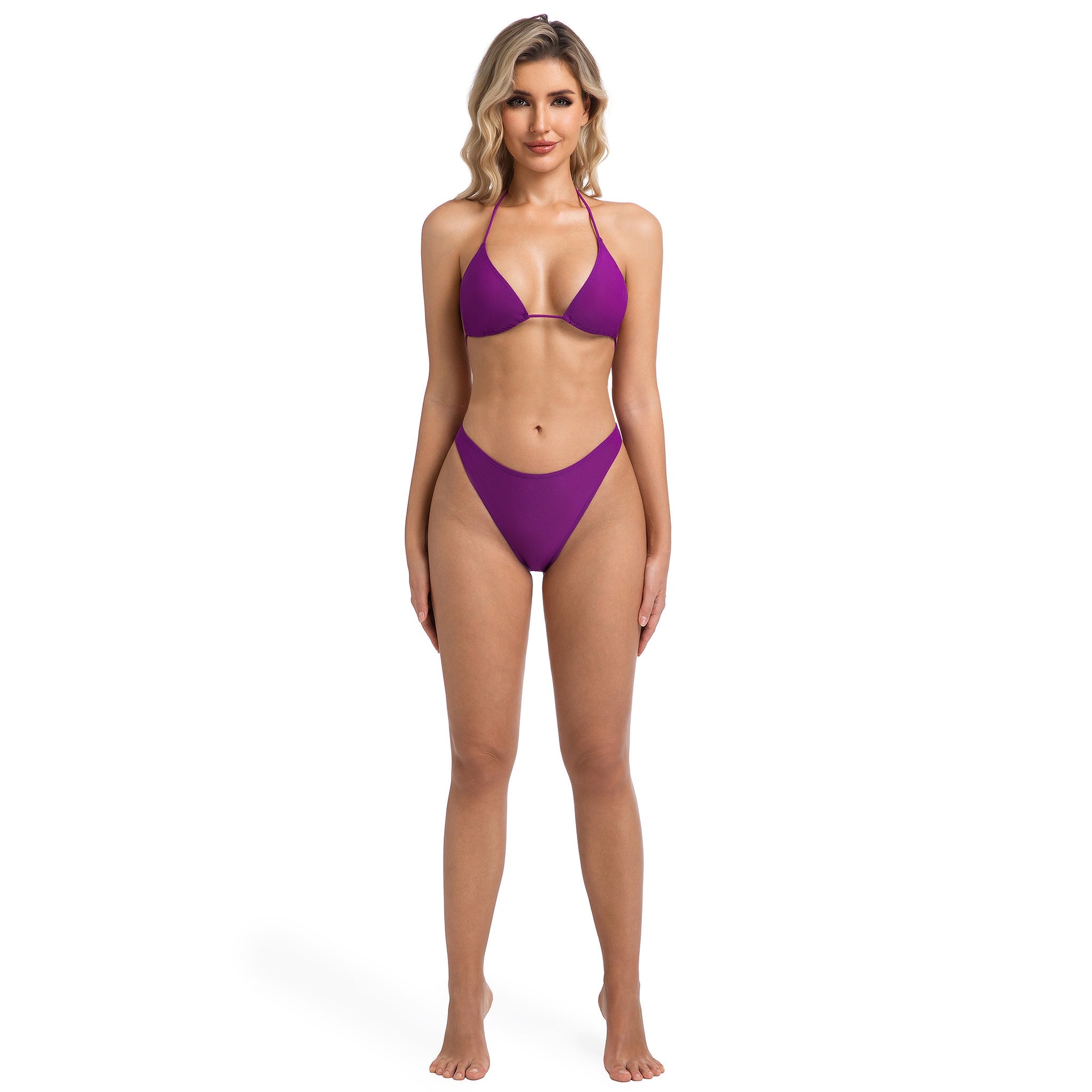 Two-Piece Halter Triangle Bikini Set for Women Violet - Textured Ribbed Low-Rise High-Cut Cheeky Bottom - Female Tan Through Minimise Tan Lines Solid Purple Bathing Suit Woman's Swimwear