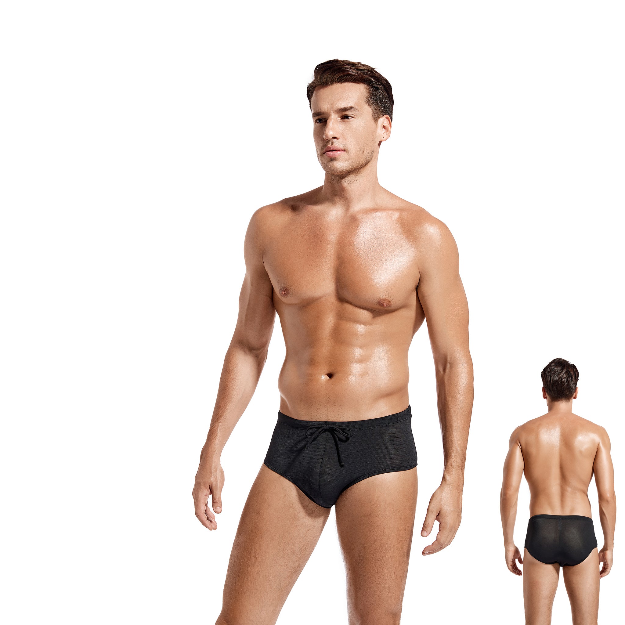 Men's Tan Through Swim Briefs - Sun-Permeable Mesh Swimwear - Breathable Quick-Dry Bikini Trunks with Adjustable Drawstring, Midnight Black