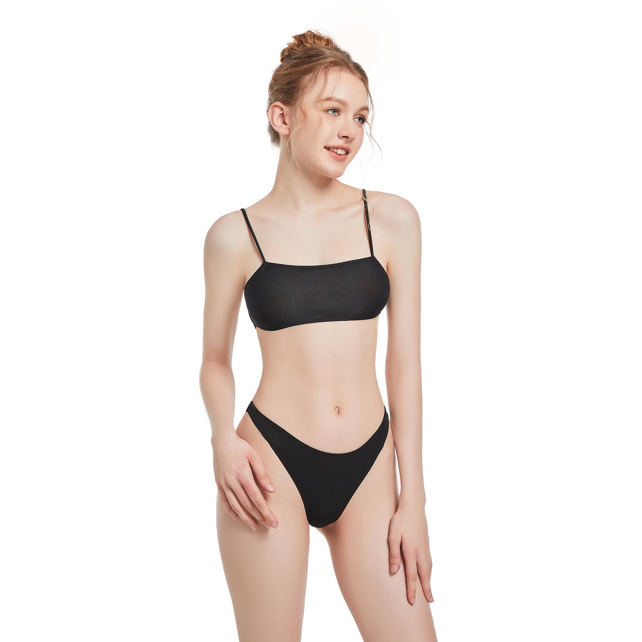 Minimise Tan Lines Tan Through Bikini - Sun Permeable Two Piece Swimsuit - Back Bow Tie Spaghetti Strap Fixed Bottom Bathing Suit, Onyx Black
