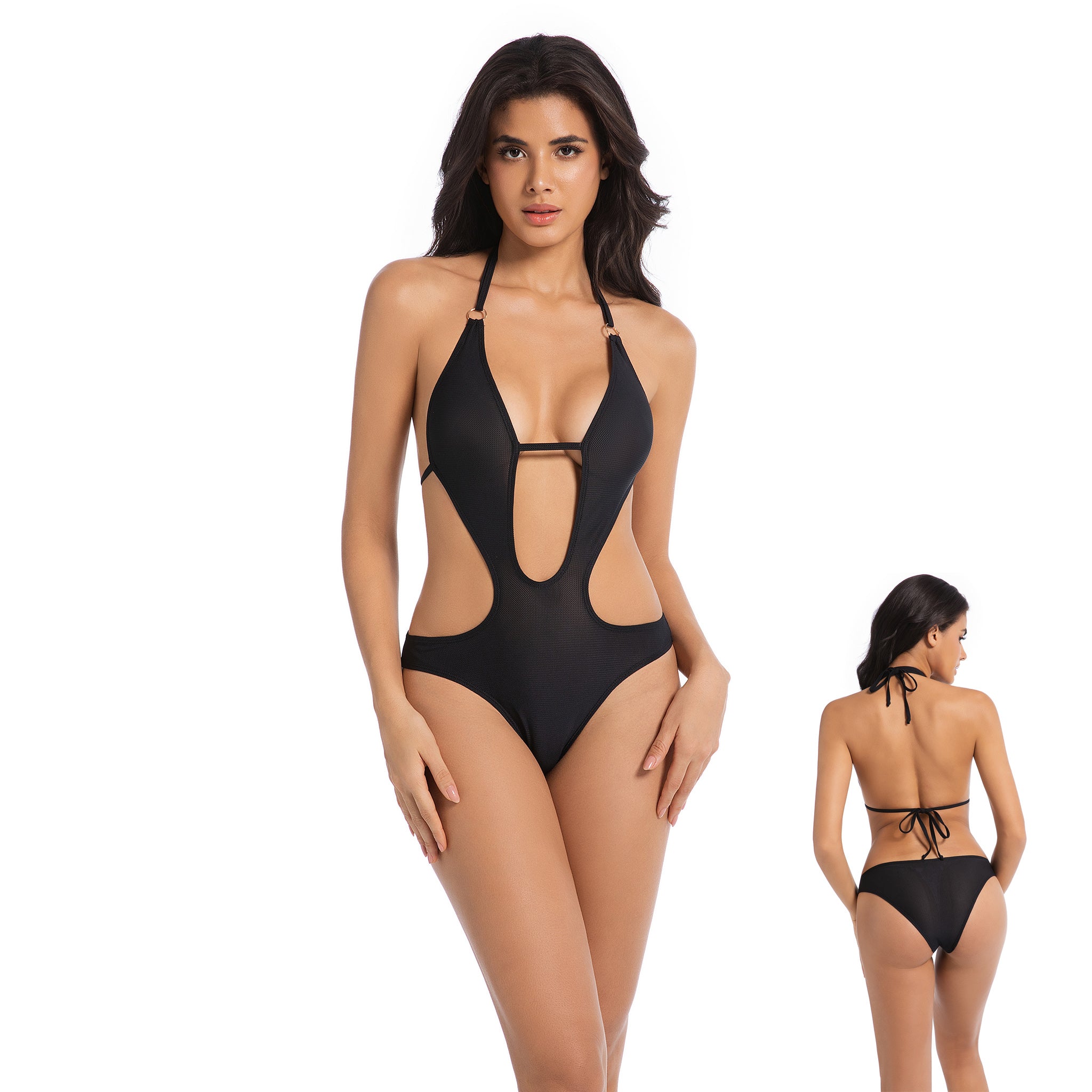 Minimise Tan Lines One Piece Swimsuit - Sun Permeable Plunge Monokini - Breathable Quick-Dry Cutout Bathing Suit, Onyx Black