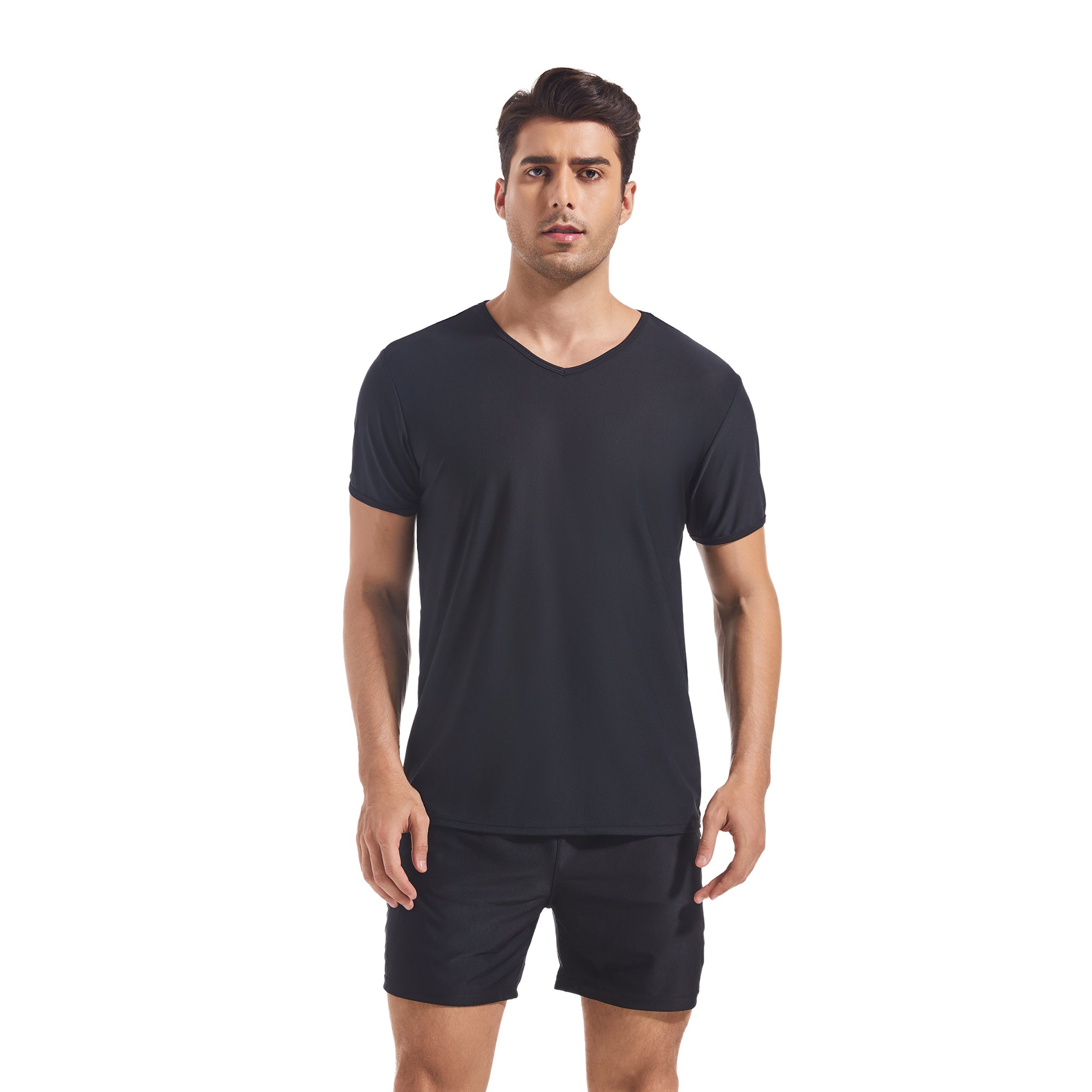Men's Tan Through Black Round Neck T-shirt & Shorts - Sun-Permeable Minimise Tan Lines Mesh Gym & Beach Wear Set Male Poolside Sportswear Pocketed