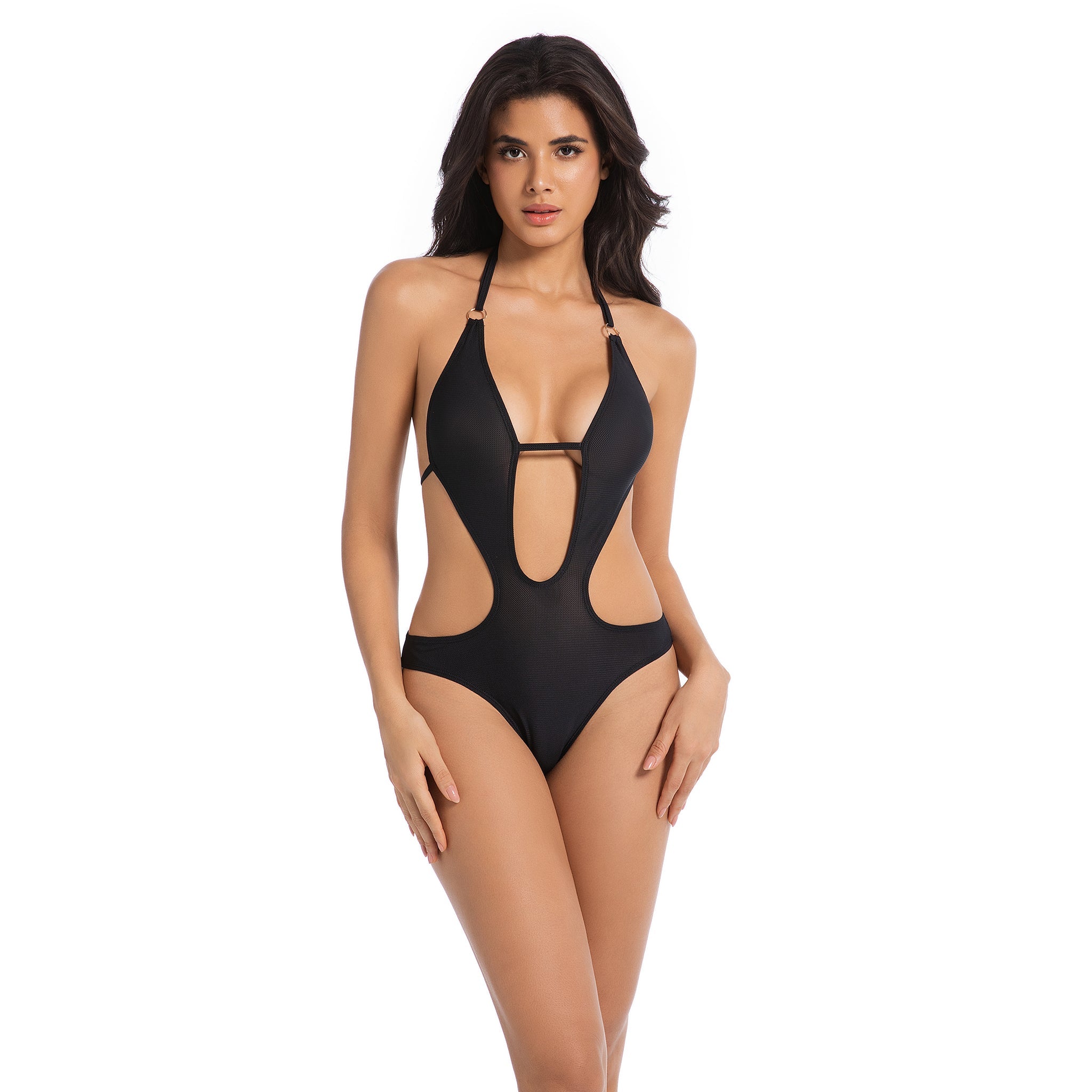 Minimise Tan Lines One Piece Swimsuit - Sun Permeable Plunge Monokini - Breathable Quick-Dry Cutout Bathing Suit, Onyx Black