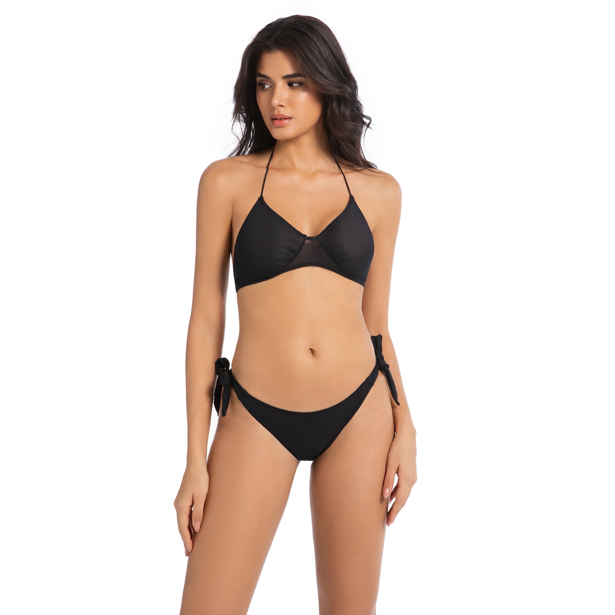Tan Through Bikini Set Minimise Tan Lines - Sun Permeable Two Piece Swimsuit - Adjustable Halter Neck & Tie Side Triangle Bathing Suit, Onyx Black