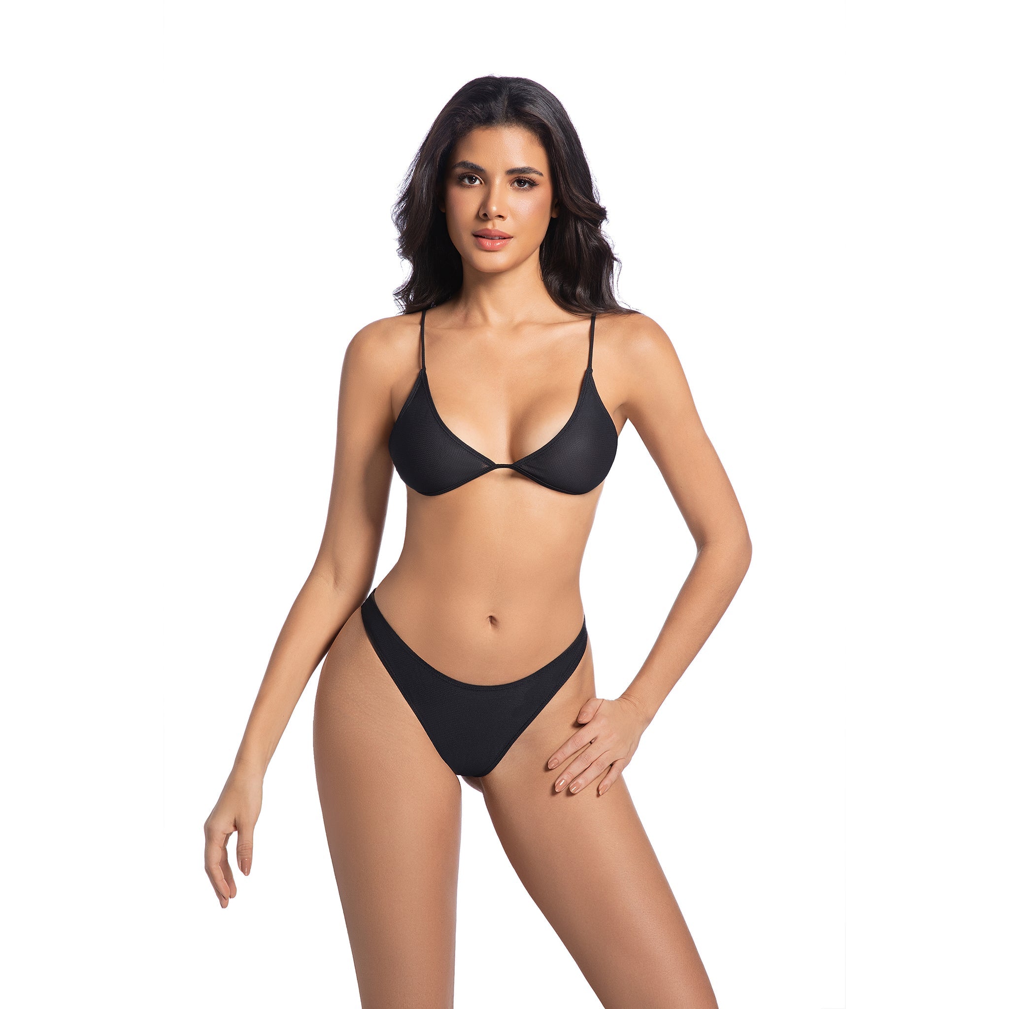 Tan Through Bikini Set - Minimise Tan Lines UV-Permeable Swimsuit - Two Piece Adjustable Spaghetti Strap Fixed Bottom Bathing Suit, Onyx Black