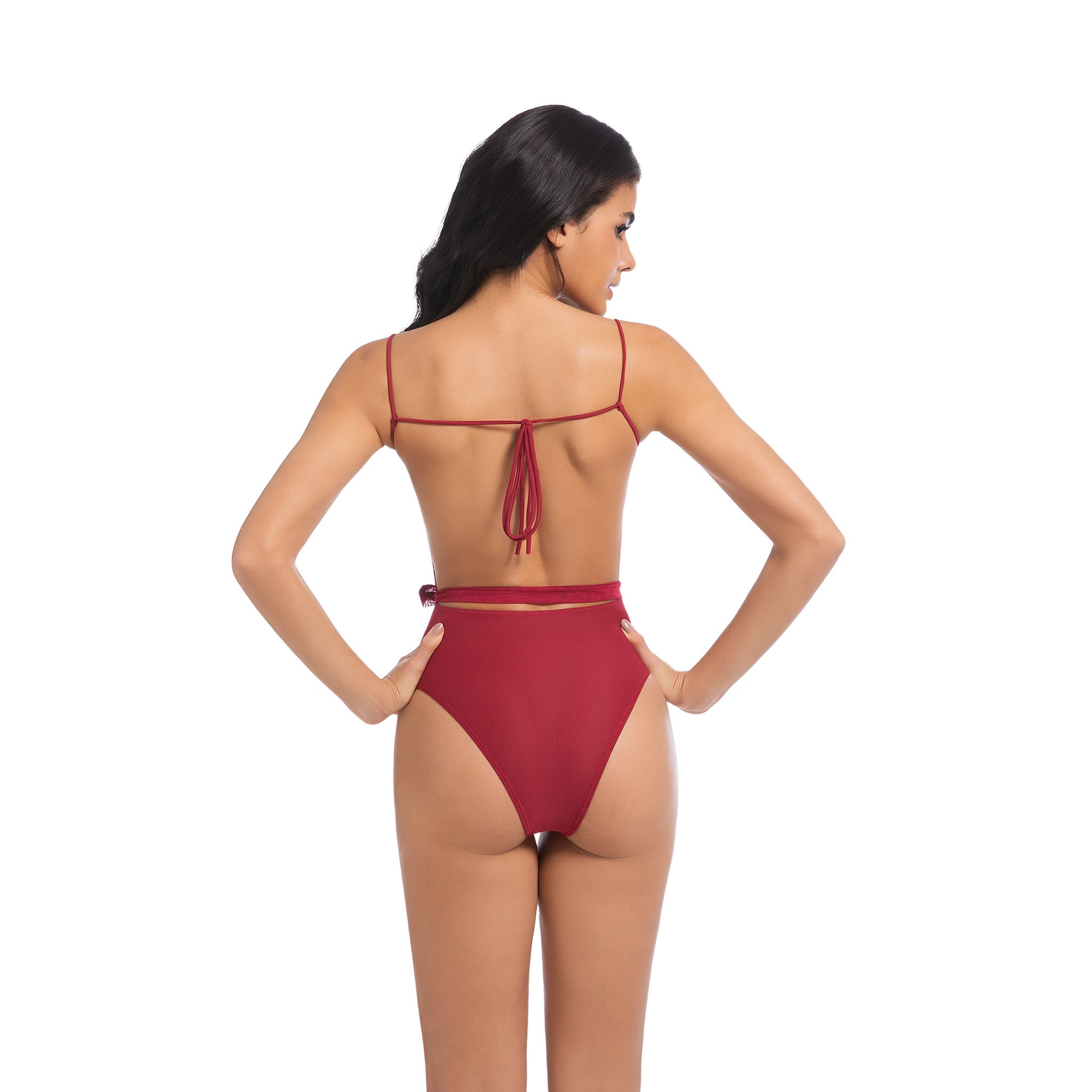 Women's Cherry Red Tan Through One Piece Swimsuit - Waist Tie Cinched Bathing Suit - Minimise Tan Lines UV Permeable Woman Lace-up Back Ribbed Swimwear