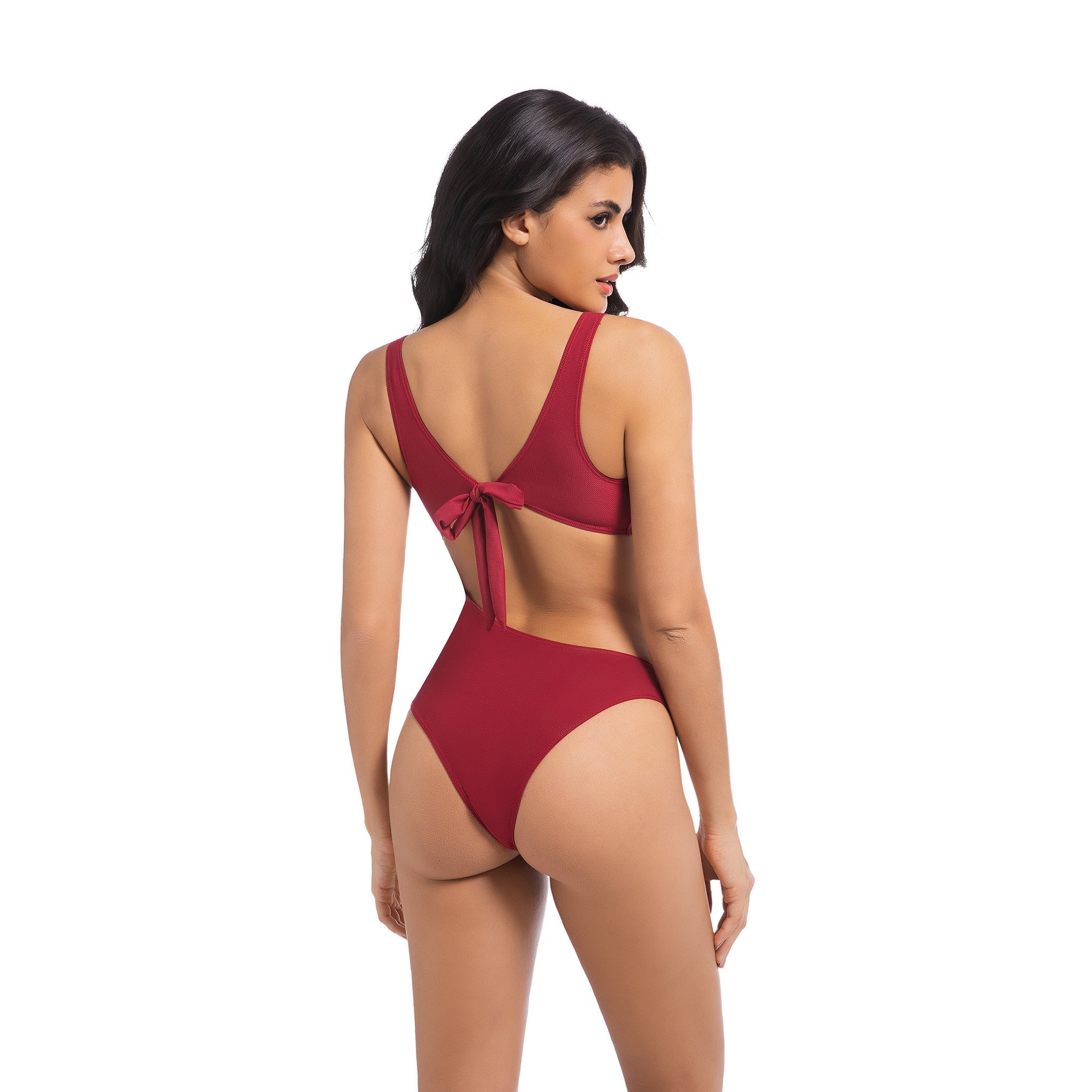 Women's Cherry Red Tan Through One Piece Swimsuit - Asymmetrical Side Cutout Bathing Suit - Minimise Tan Lines UV Permeable Woman Ribbed Tie-Back High Cut Swimwear