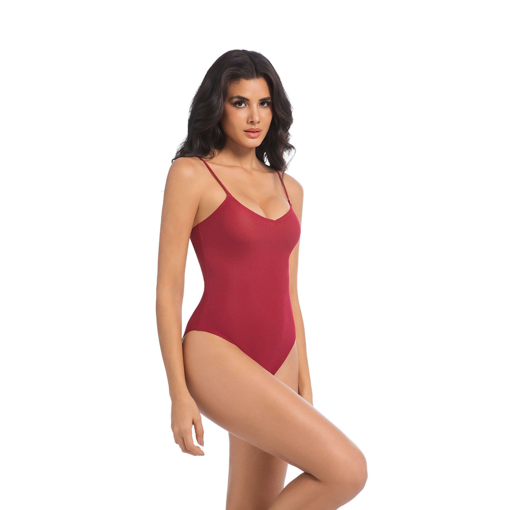Women's Cherry Red Tan Through One Piece Swimsuit - V-Neck Ribbed Bathing Suit - Minimise Tan Lines UV Permeable Woman High Cut Sleek Swimwear