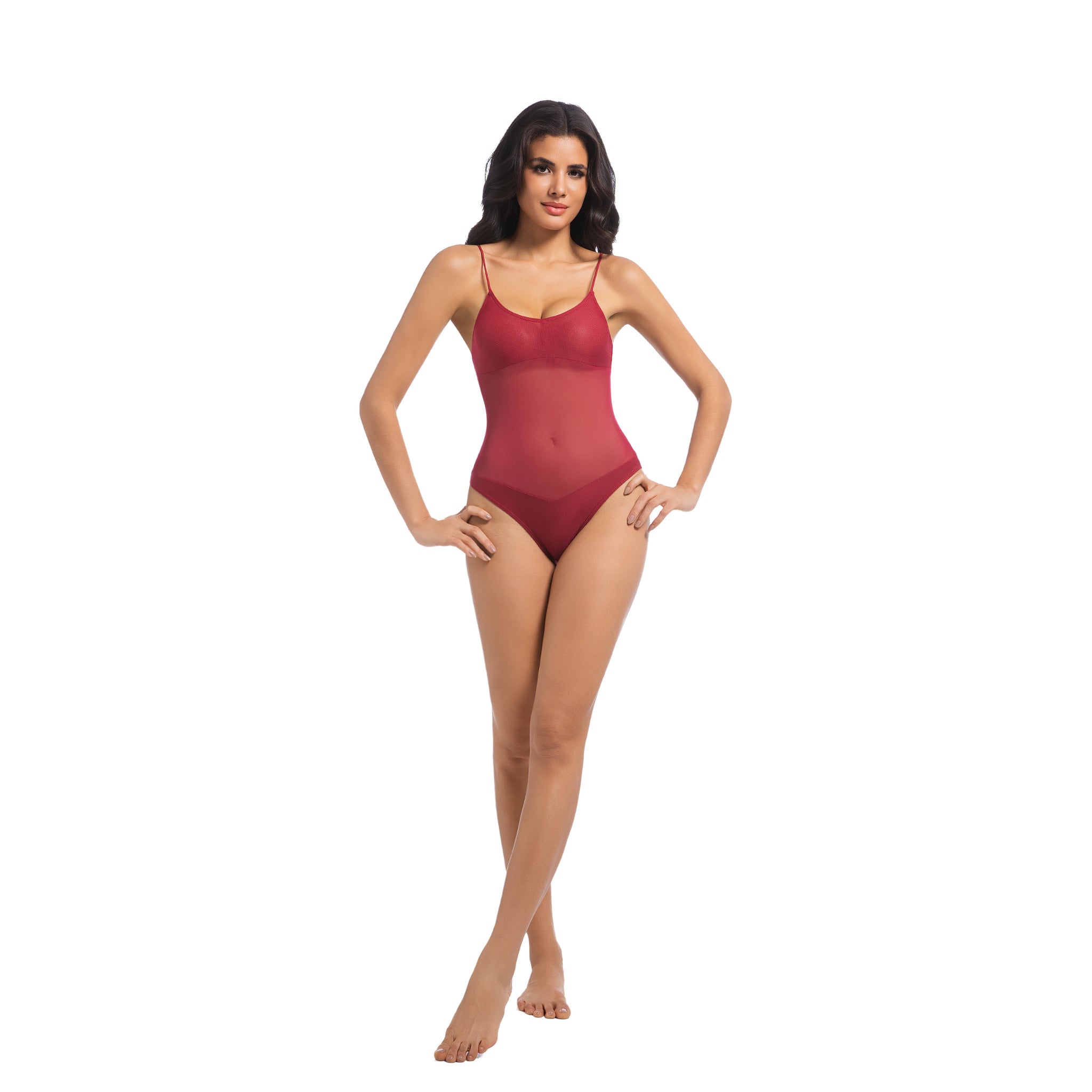 Women's Cherry Red Tan Through One Piece Swimsuit - Sheer Mesh Midriff Bathing Suit - Minimise Tan Lines UV Permeable Woman Ribbed Scoop Neck High Cut Swimwear