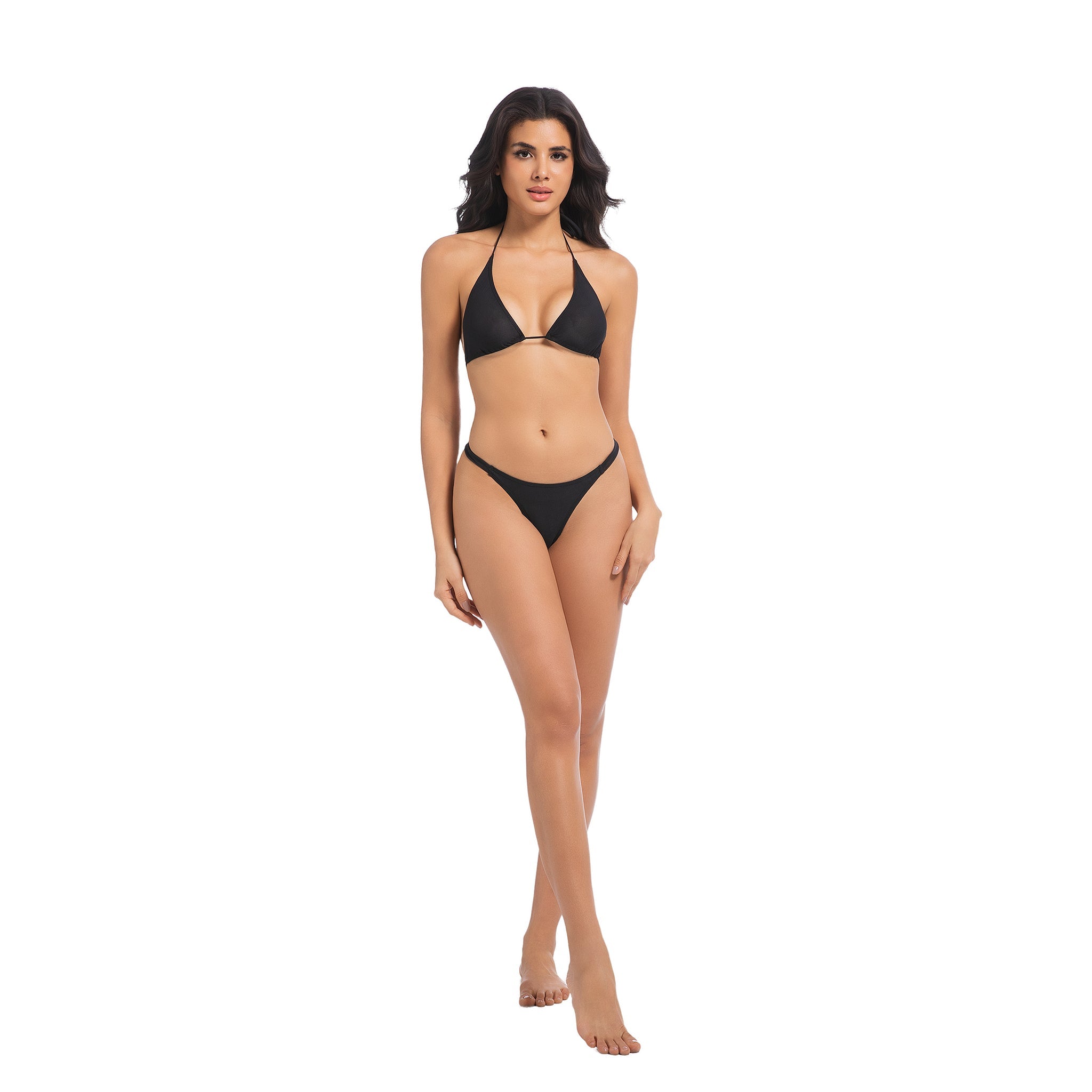 Tan Through Bikini Set - Minimise Tan Lines UV-Permeable Swimsuit - Two Piece Halter Triangle Fixed Bottom Bathing Suit, Onyx Black
