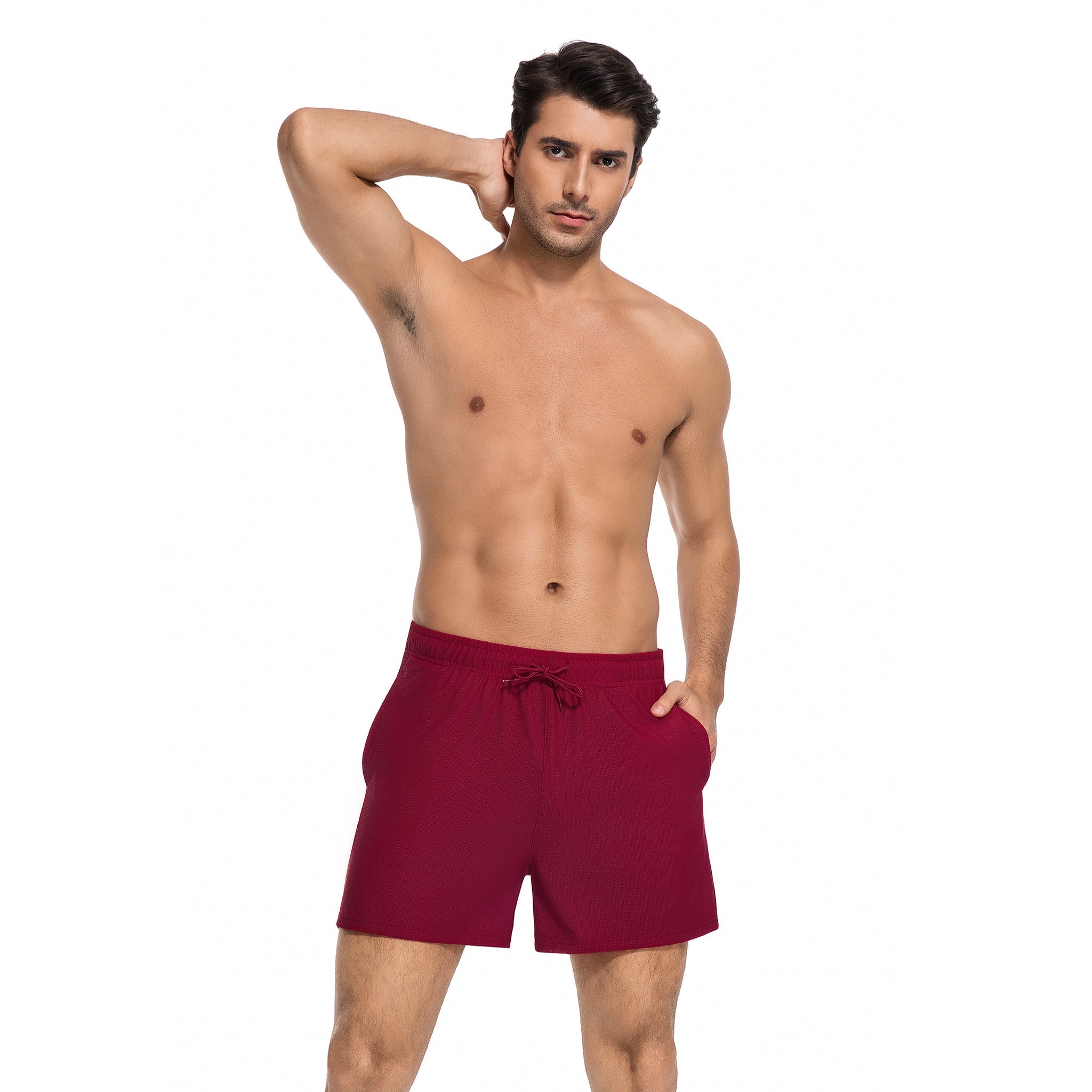 Maroon Men's Tan Through Swim Trunks - Minimise Tan Lines Male Beach Shorts - UV Permeable Quick-Dry Man's Swimwear with Pockets
