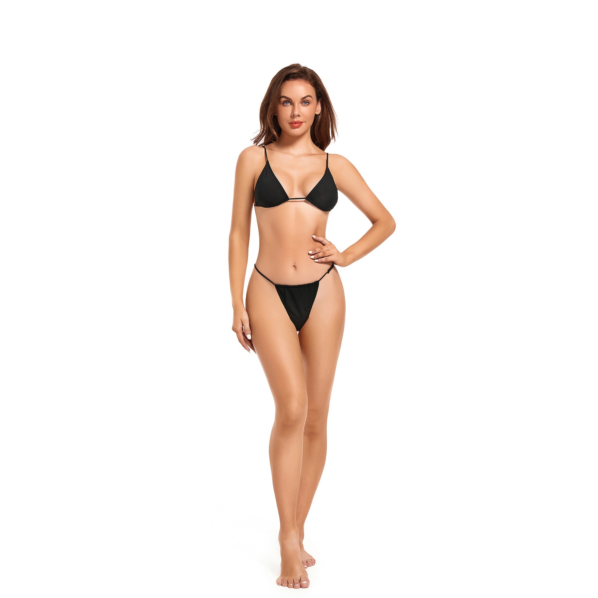 Tan Through Bikini Set - Minimise Tan Lines UV-Permeable Swimsuit - Two Piece Adjustable Waistband Spaghetti Strap Bathing Suit, Onyx Black