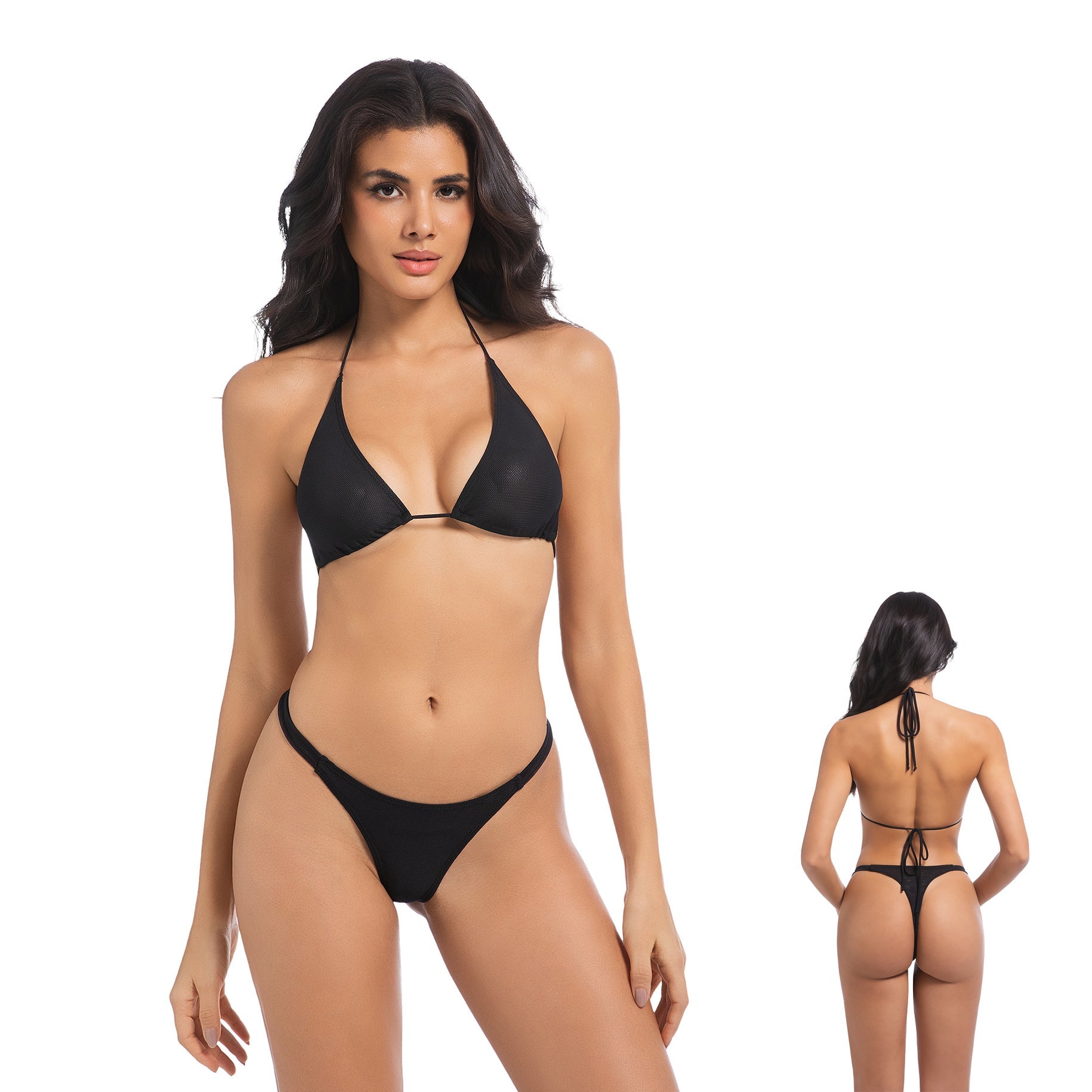 Tan Through Bikini Set - Minimise Tan Lines UV-Permeable Swimsuit - Two Piece Halter Triangle Fixed Bottom Bathing Suit, Onyx Black