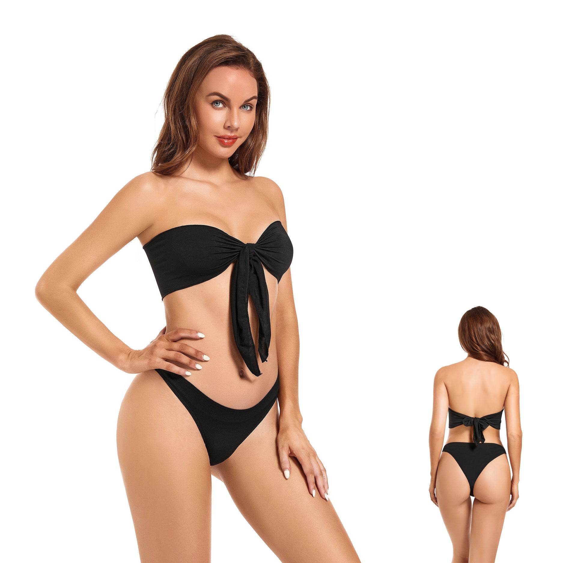Bandeau Tan Through Bikini Set - Minimise Tan Lines UV-Permeable Swimsuit - Two Piece Strapless Fixed Bottom Sun-Filtering Bathing Suit, Onyx Black