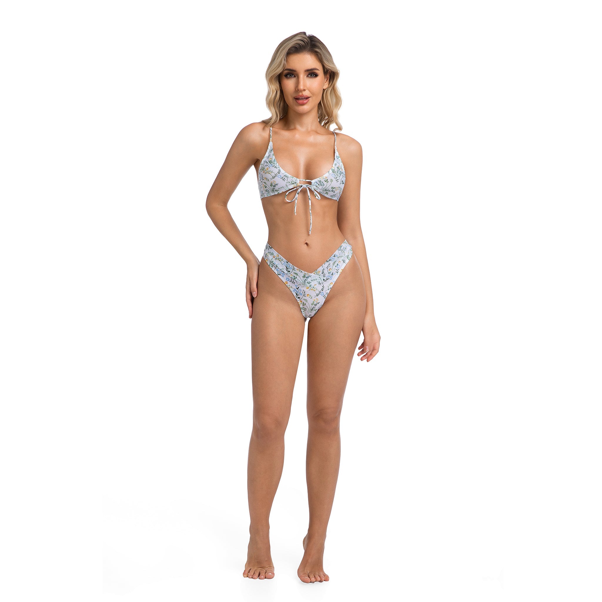 Bikini Set for Women Scoop Neck Front Tie Two Piece - Ribbed Wildflower Patterned Ultra High Leg V-Front Swimsuit - Tan Through Minimise Tan Lines Female Bathing Suit Woman's Beachwear