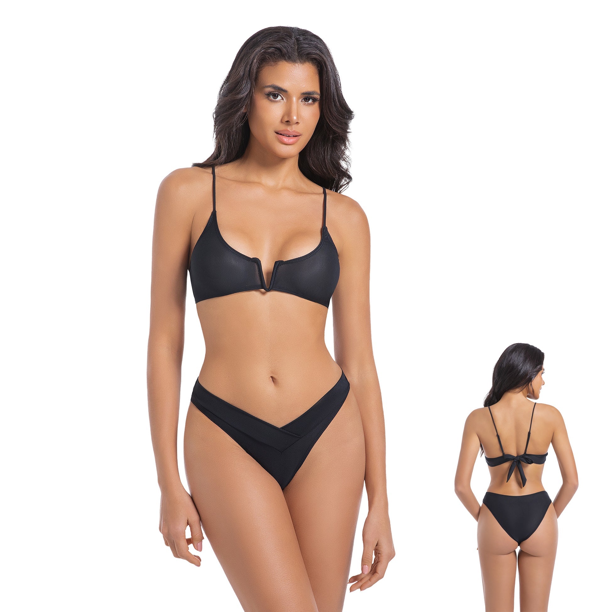 Tan Through Bikini Set Minimise Tan Lines - Sun Permeable Two Piece Swimsuit - Back Bow Tie Cut-out Spaghetti Strap Bathing Suit, Onyx Black