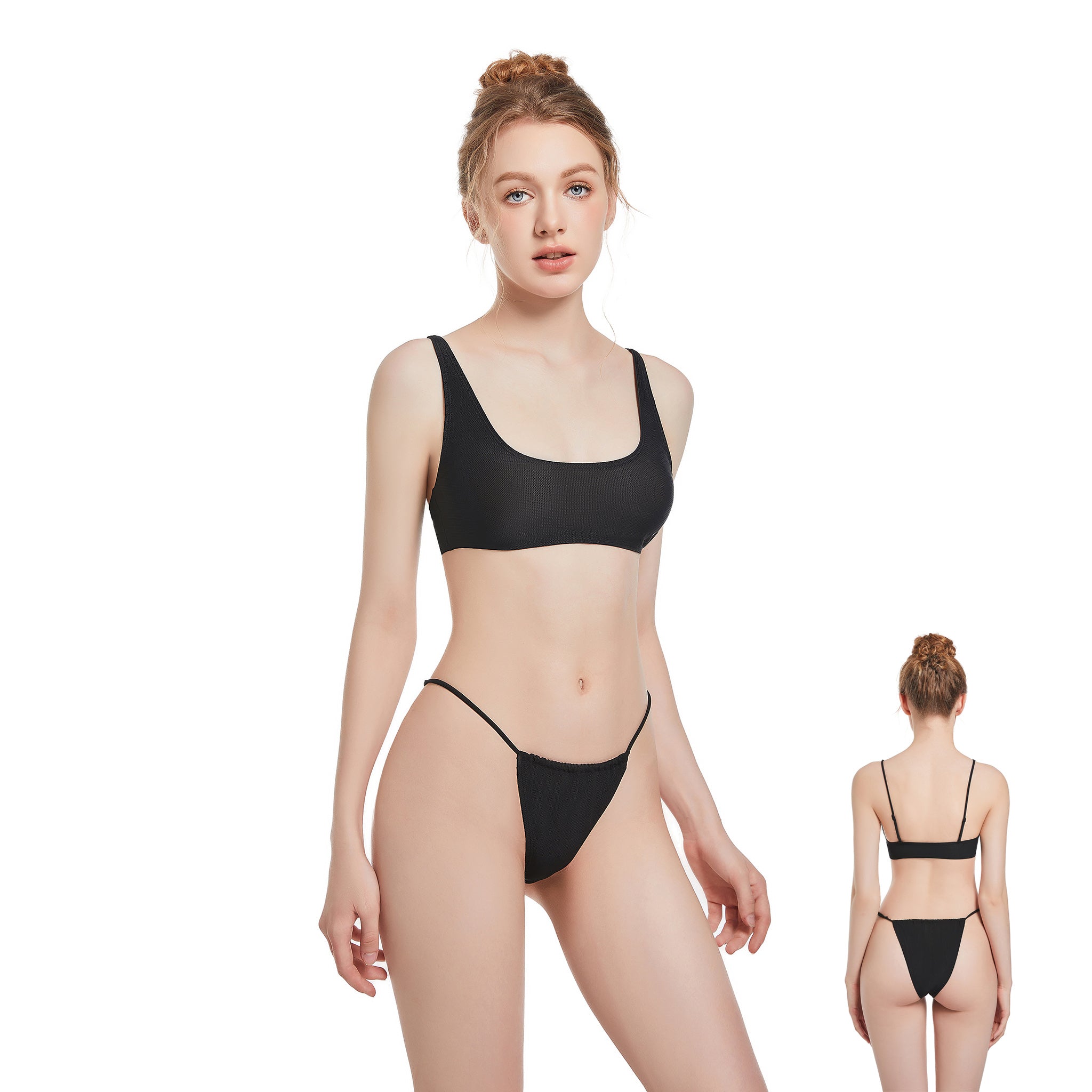 Two Piece Tan Through Bikini Set - Minimise Tan Lines UV-Permeable Swimsuit - Adjustable Fixed Strap Sporty Triangle Bathing Suit, Onyx Black