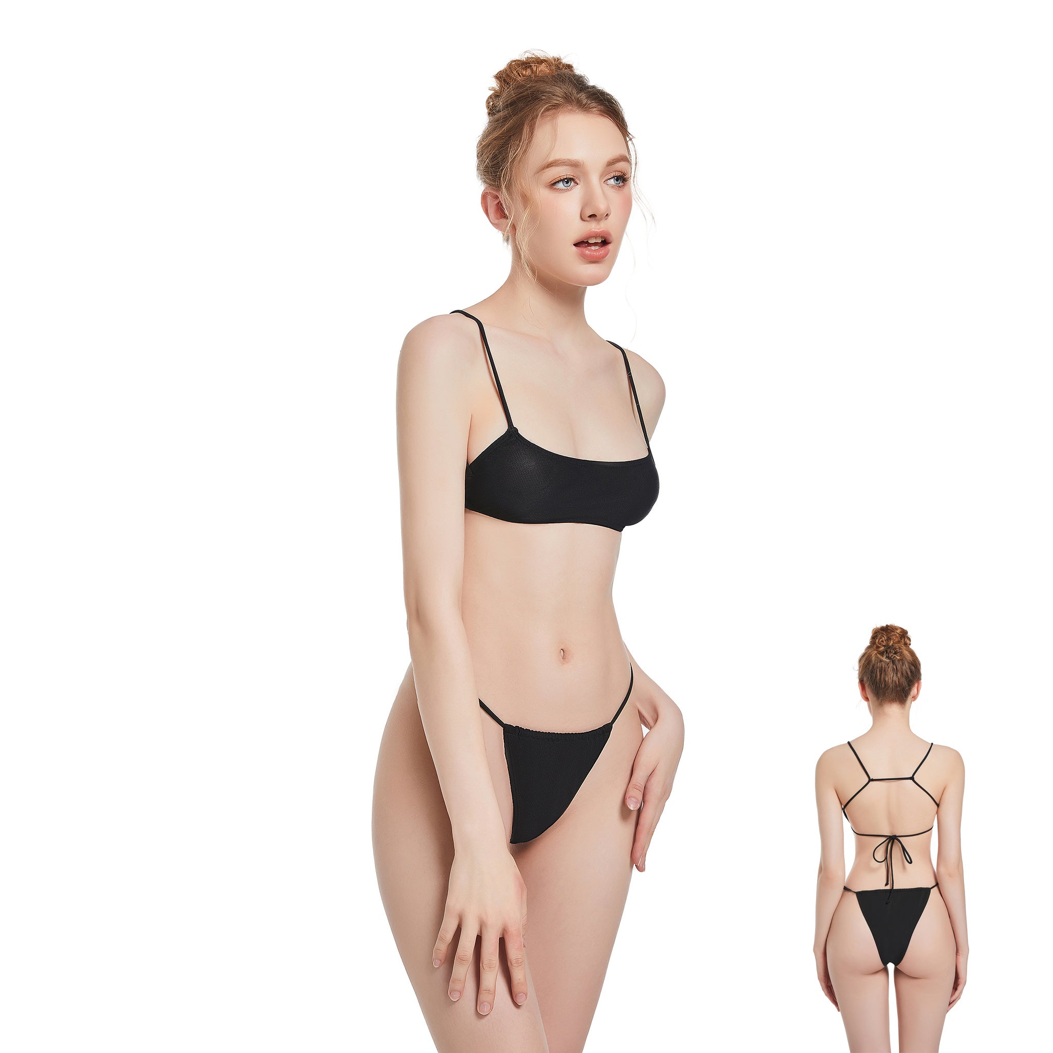 Criss Cross Tan Through Bikini Set - Minimise Tan Lines UV-Permeable Swimsuit - Two Piece Adjustable Spaghetti Strap Fixed Bottom Bathing Suit, Onyx Black