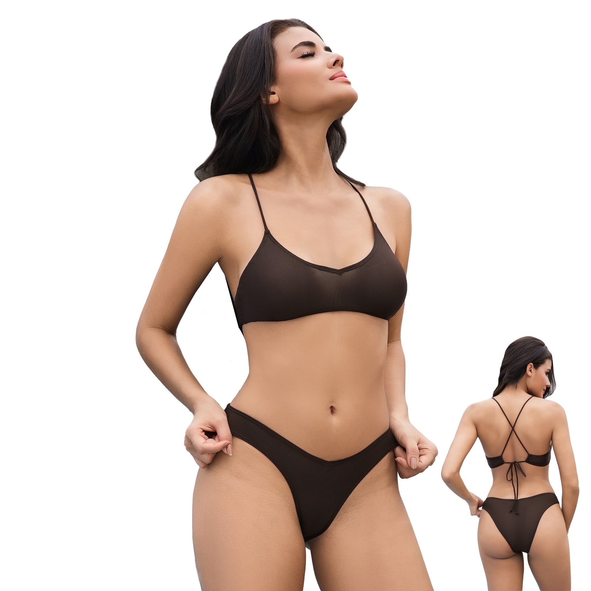 Women's V-Neck Tan Through Bikini Set - Brown Ribbed 2-Piece Swimwear - Minimise Tan Lines UV Permeable Woman Crisscross Back High Cut V-Front Bathing Suit