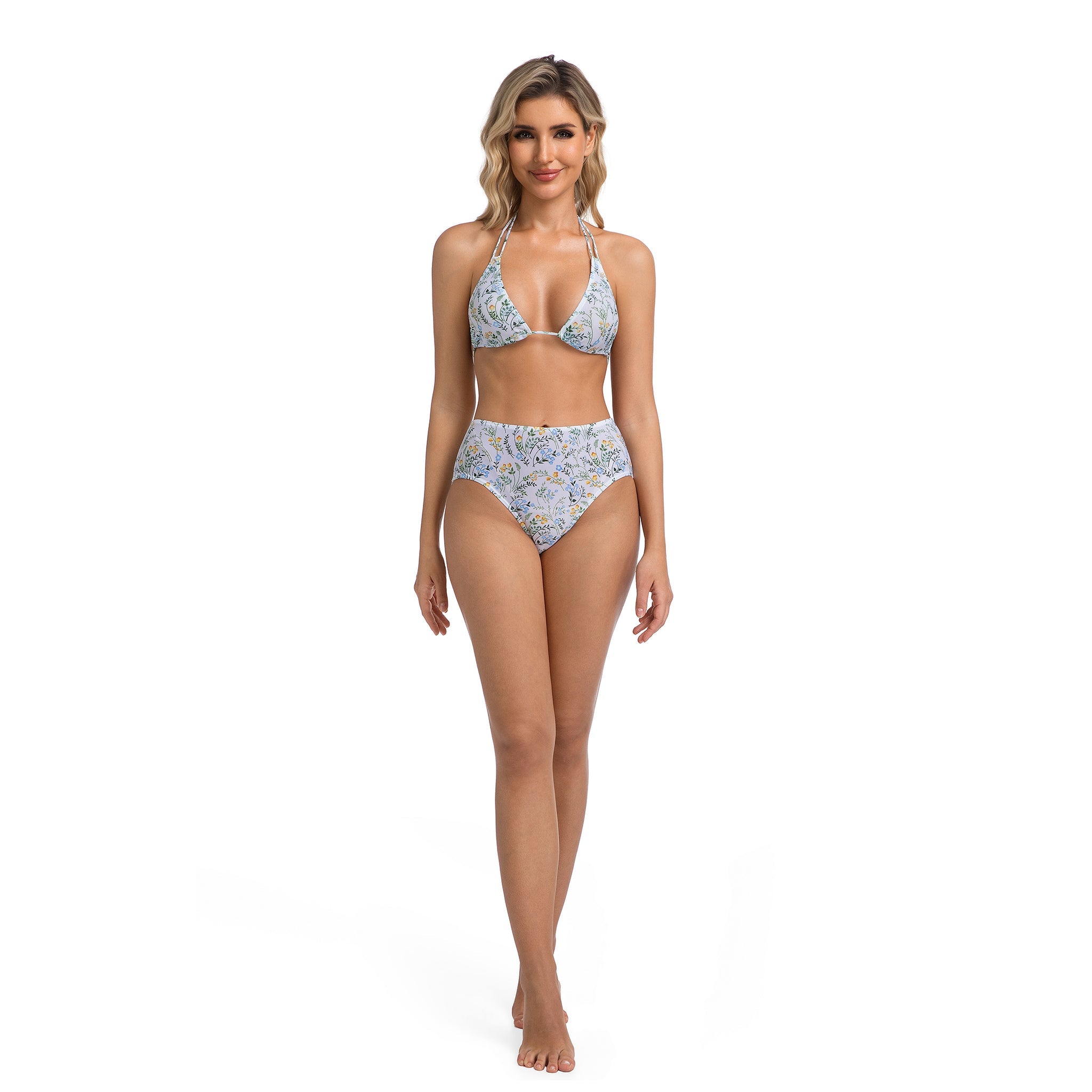 Minimise Tan Lines Tan Through Patterned Two Piece - Swimsuit for Women Wildflower Floral Print - Double Strap Halter Triangle Top High-Waist High Leg Ribbed Female Bikini Set Woman's Bathing Suit