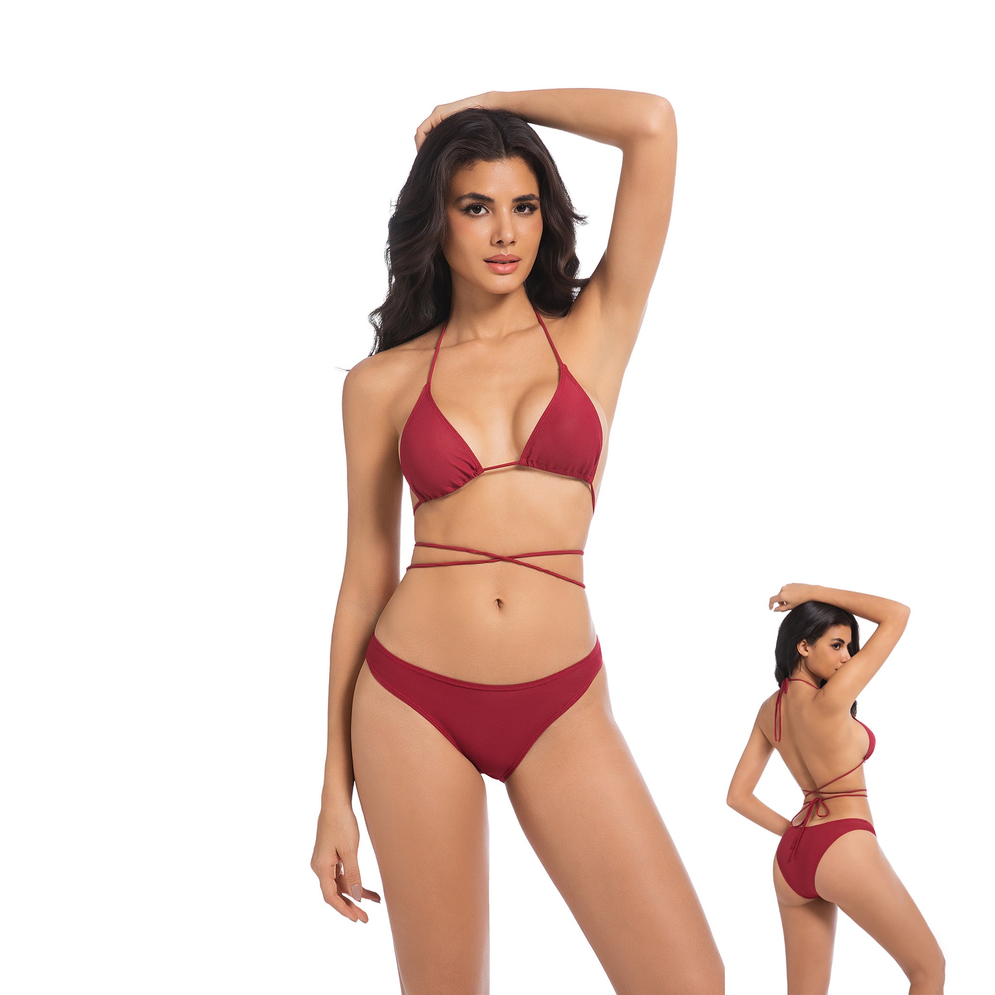 Women's Cherry Red Tan Through Bikini Set - Multi-Way Wrap Triangle 2-Piece Swimwear - Minimise Tan Lines UV Permeable Woman Ribbed High Cut Bathing Suit