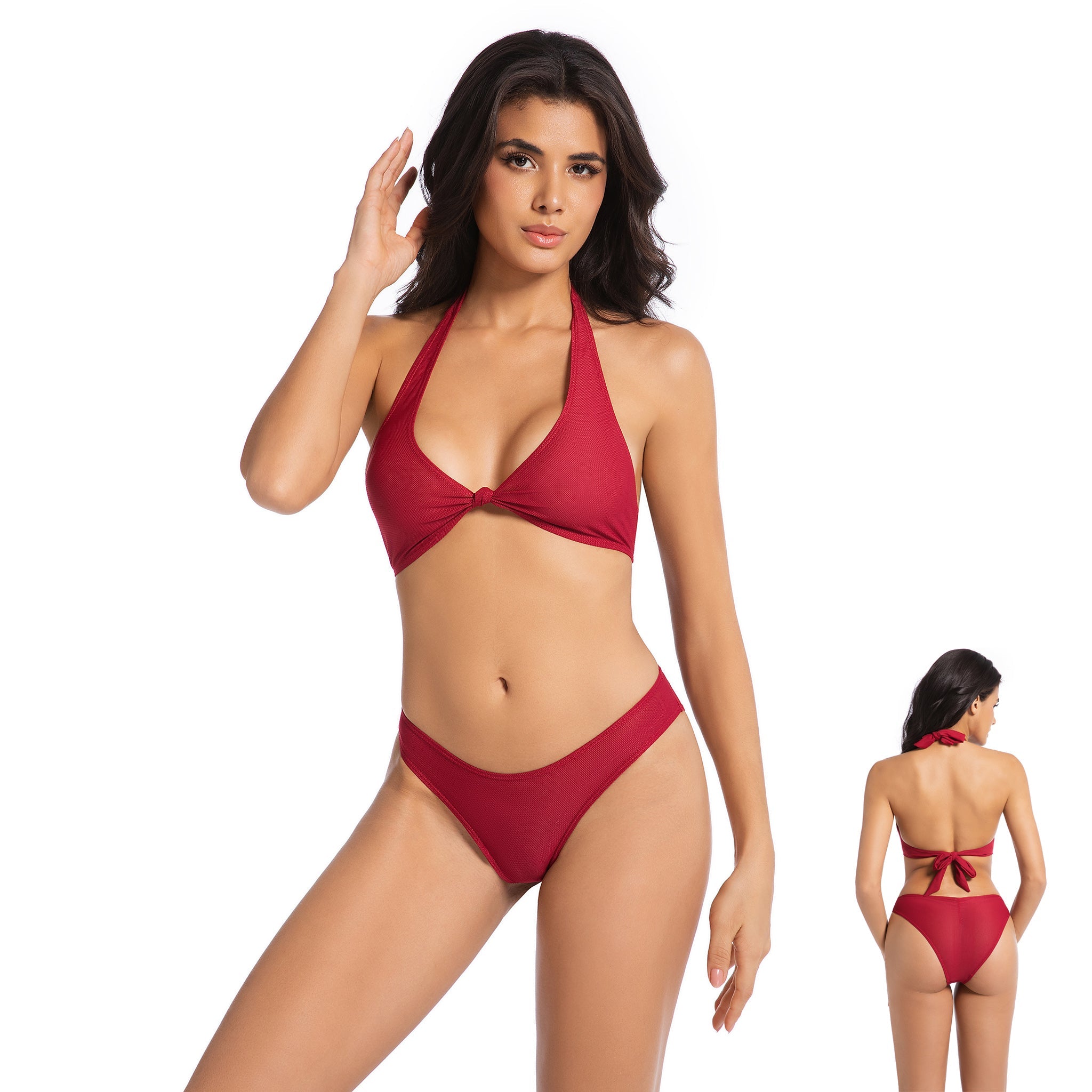 Minimise Tan Lines Tan Through Women's Bikini Set - Cherry Red UV Permeable Woman 2-Piece Swimsuit - Knot Front Halter Ribbed Mid Rise Bathing Suit